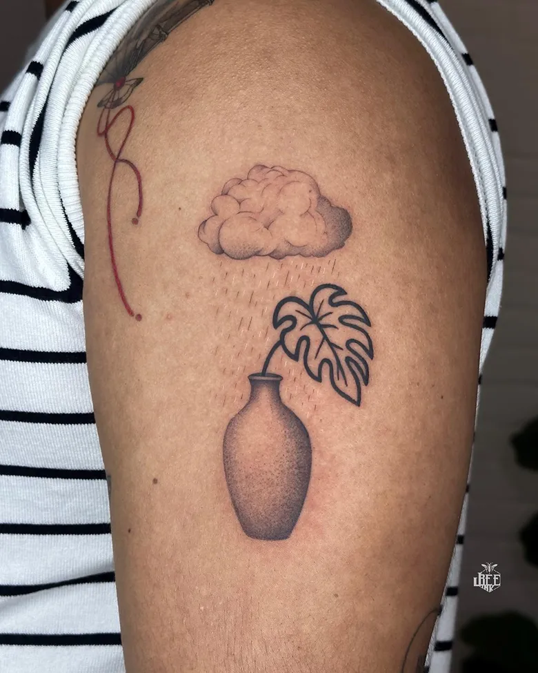 Moody Rain Cloud Monstera Vase Tattoo