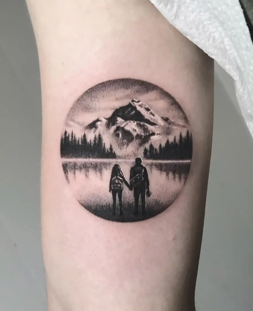 Mountain Lake Landscape with Hiking Couple on Arm