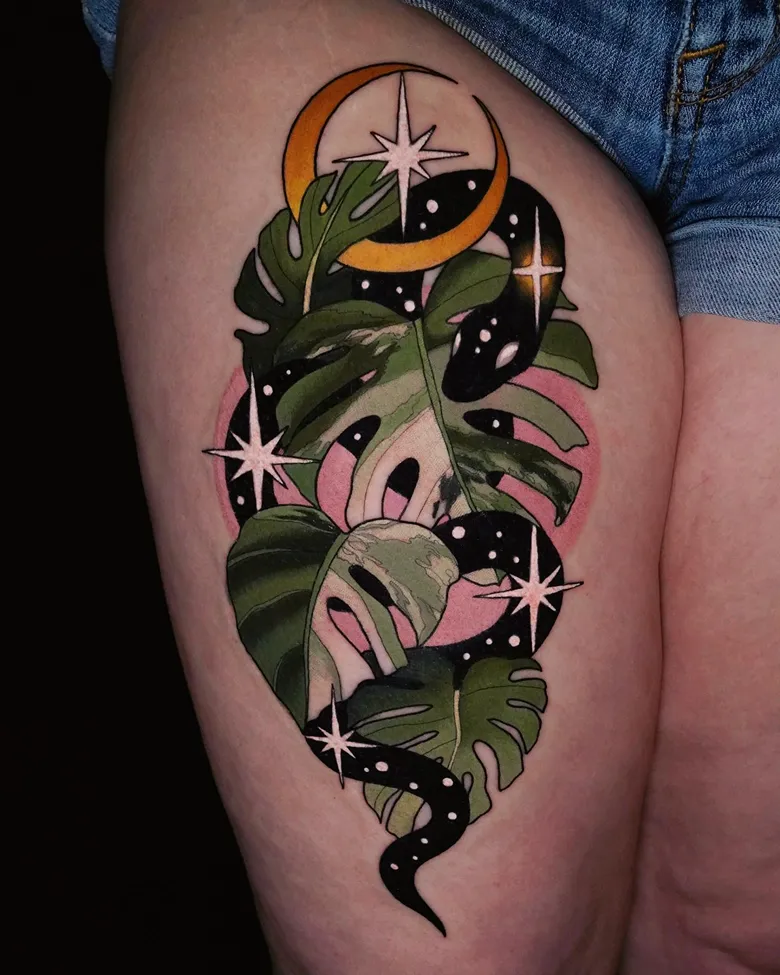 Mystical Cosmic Monstera Thigh Tattoo with Snake Detail