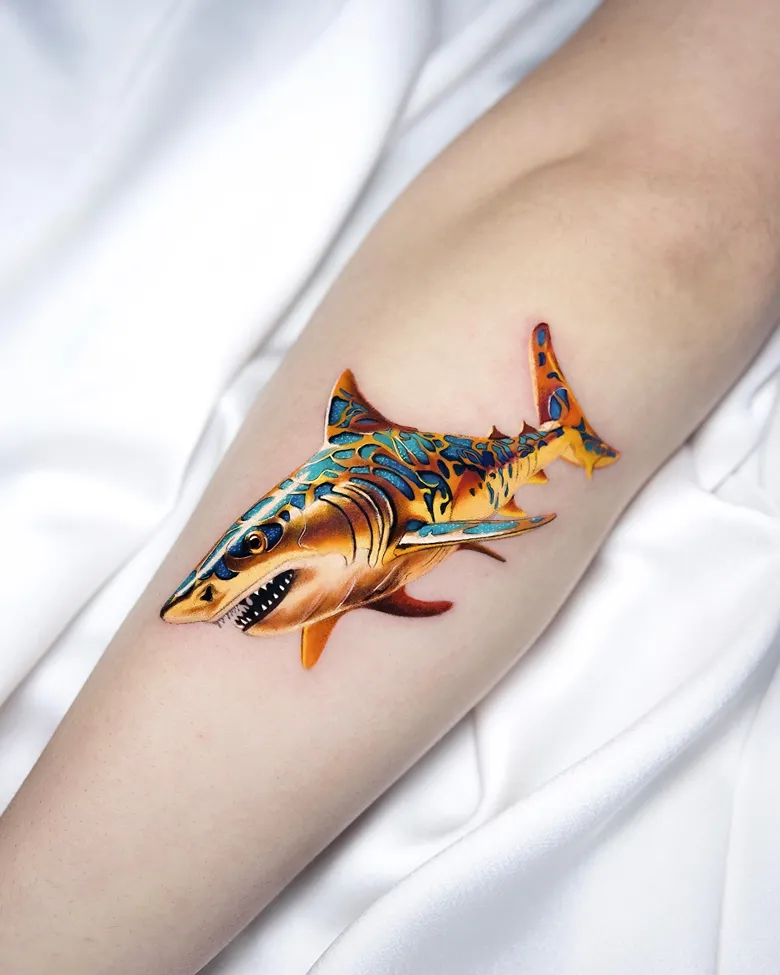 Neo Traditional Patterned Shark Color Tattoo