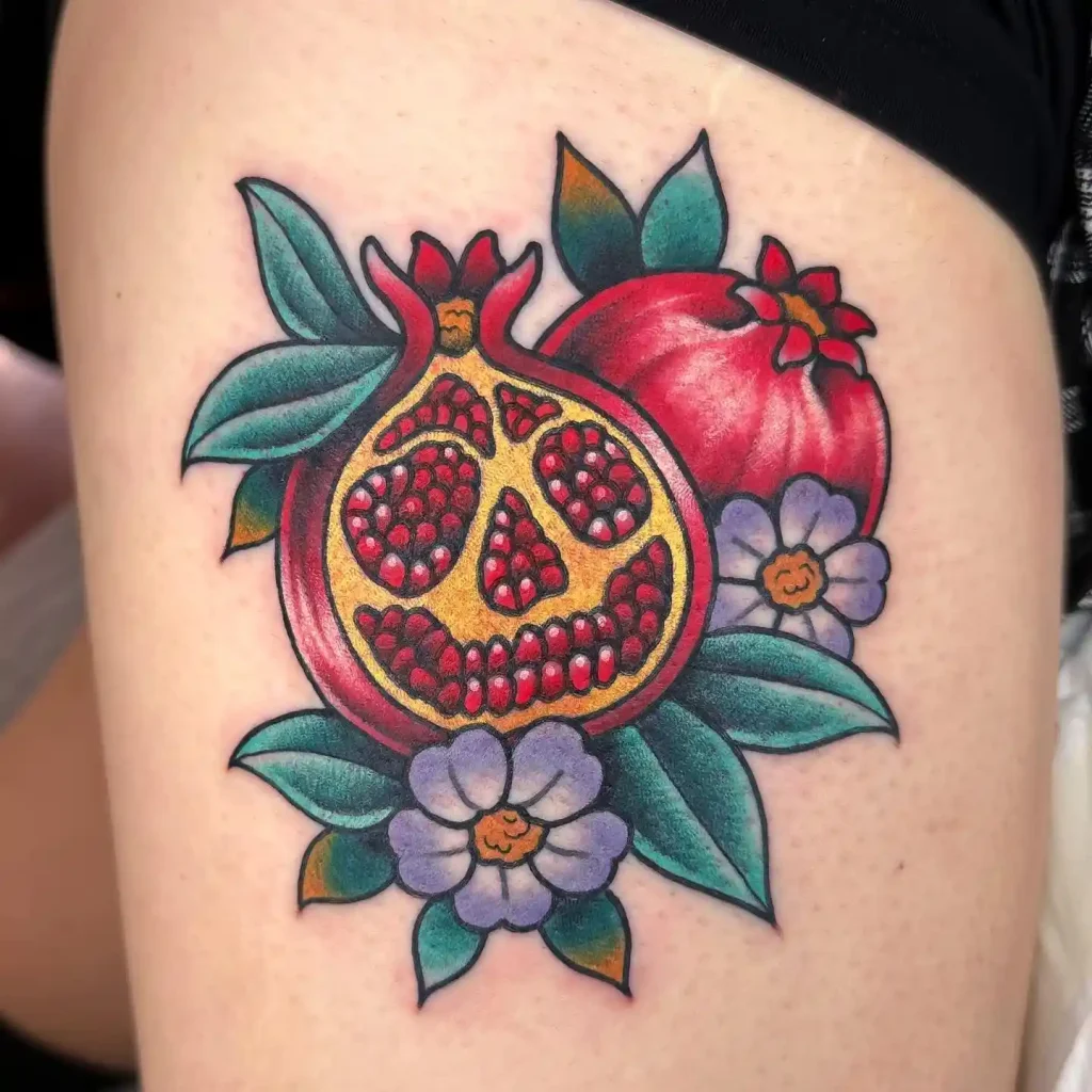 Neo Traditional Skull Pomegranate on Thigh