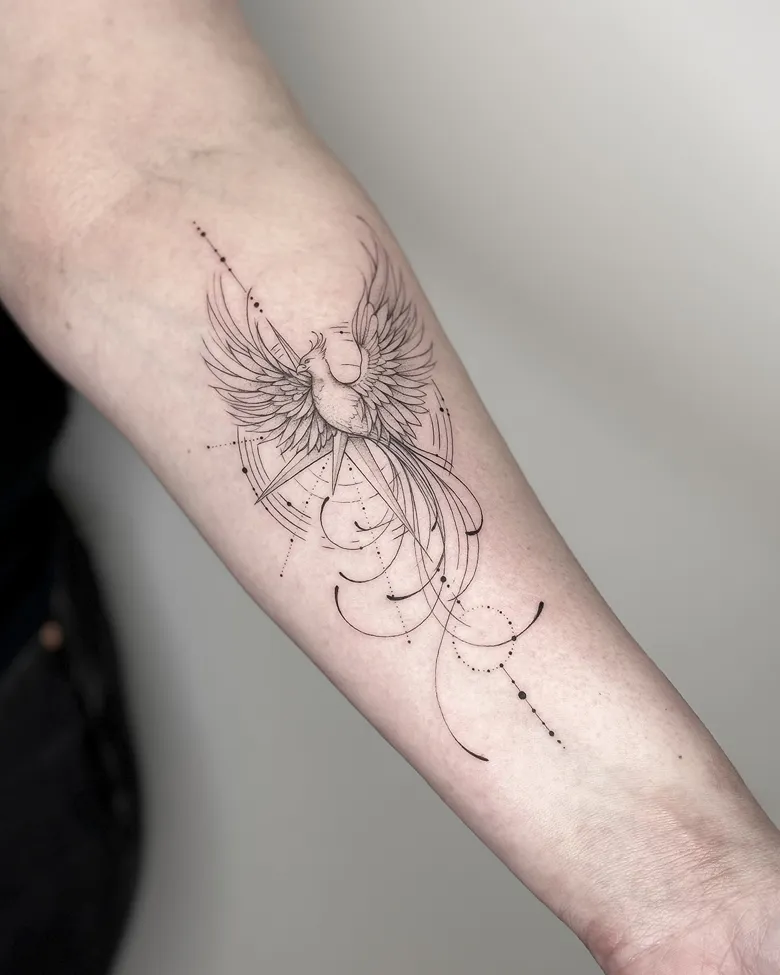 Ornamental Fine Line Phoenix Forearm Tattoo