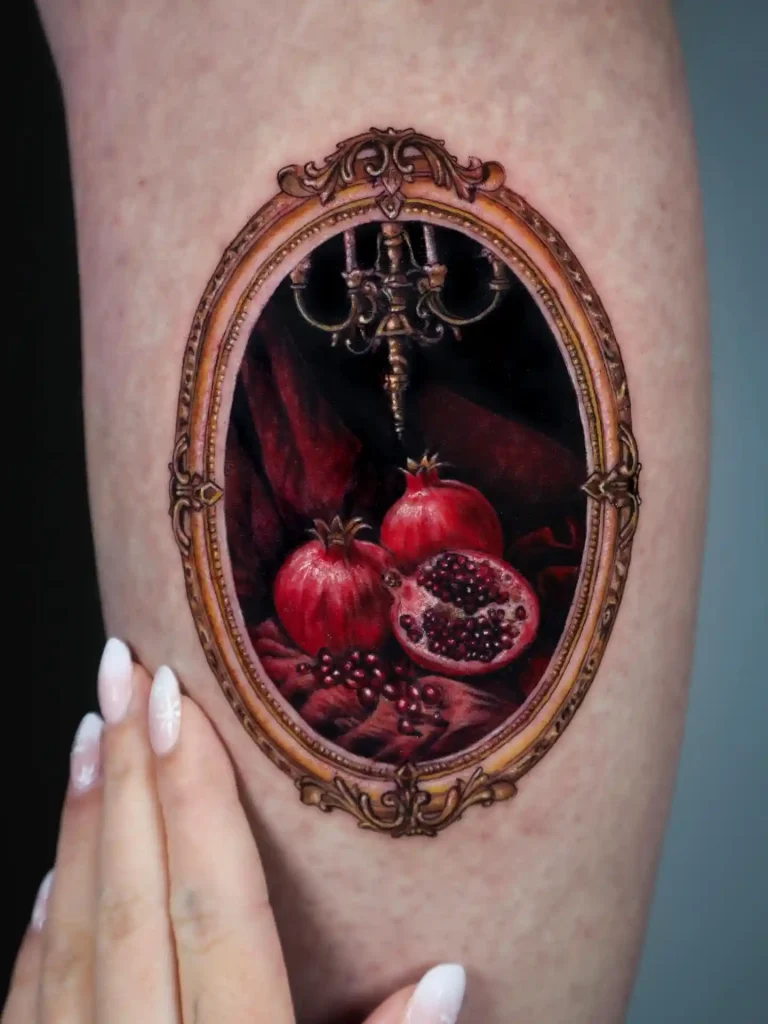 Ornate Framed Pomegranate Still Life on Thigh