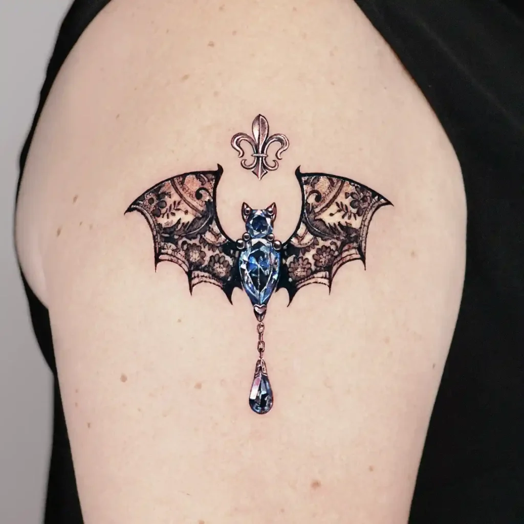 Ornate Lace Bat with Blue Crystals on Upper Arm