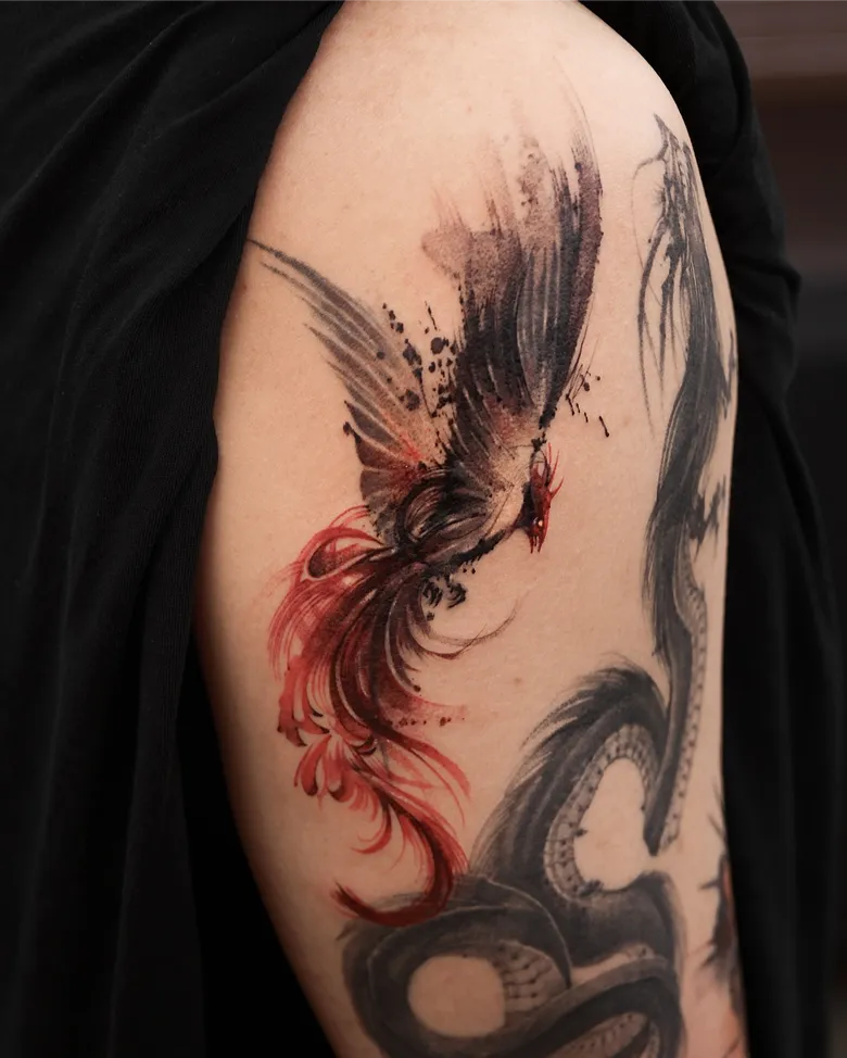 Painterly Phoenix Shoulder Tattoo