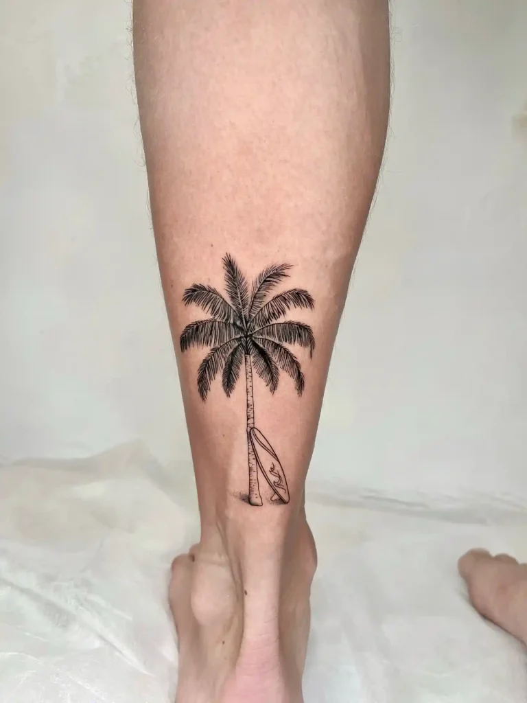 Palm Tree and Surfboard on Lower Leg