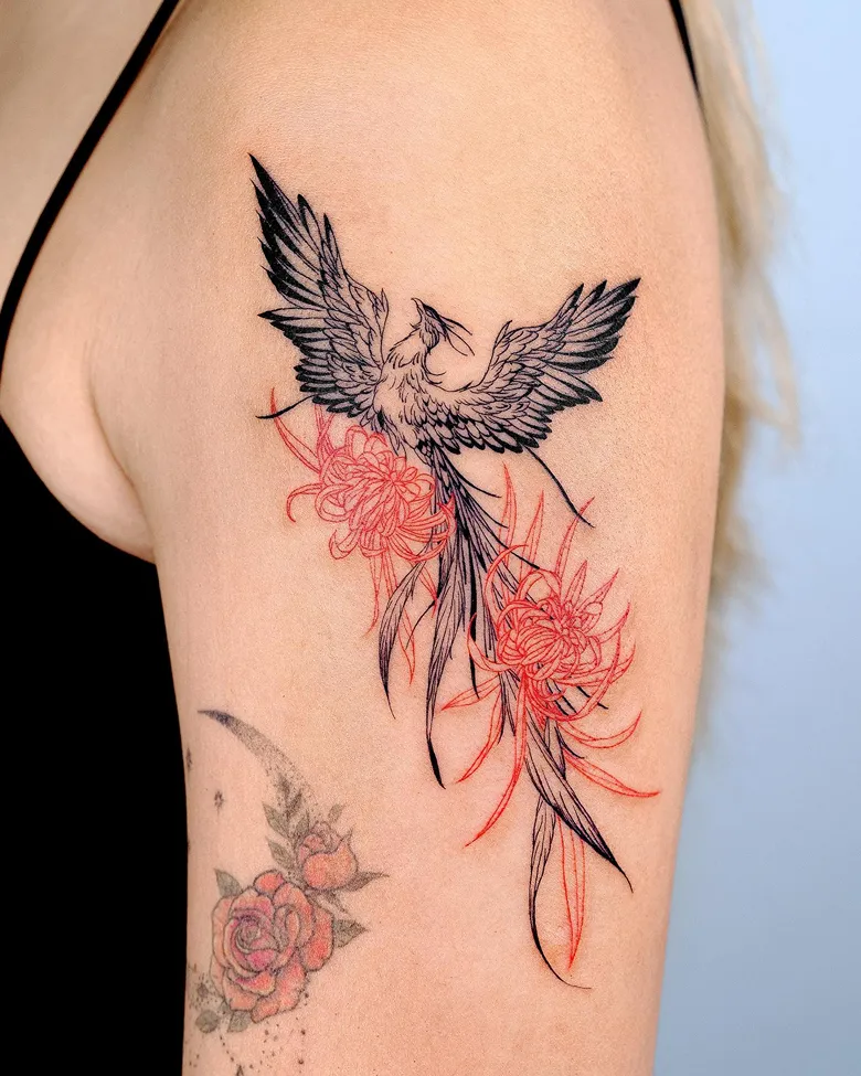 Phoenix With Chrysanthemum Flower Tattoo