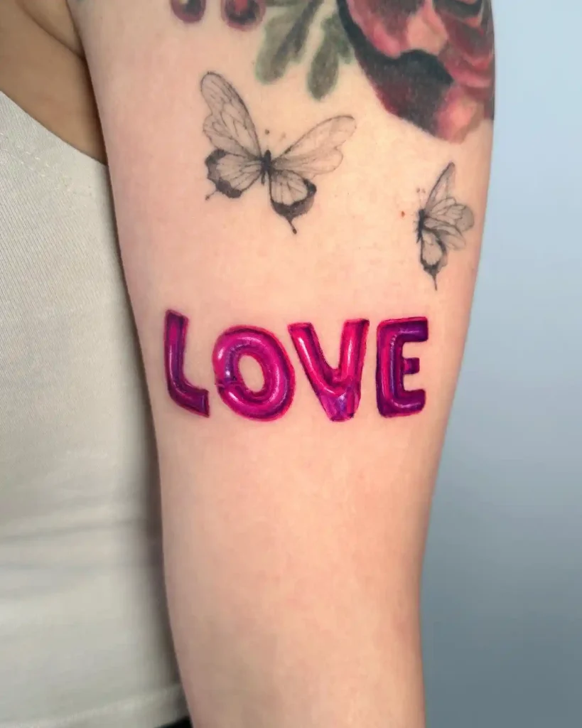Pink Balloon Love Text on Upper Arm