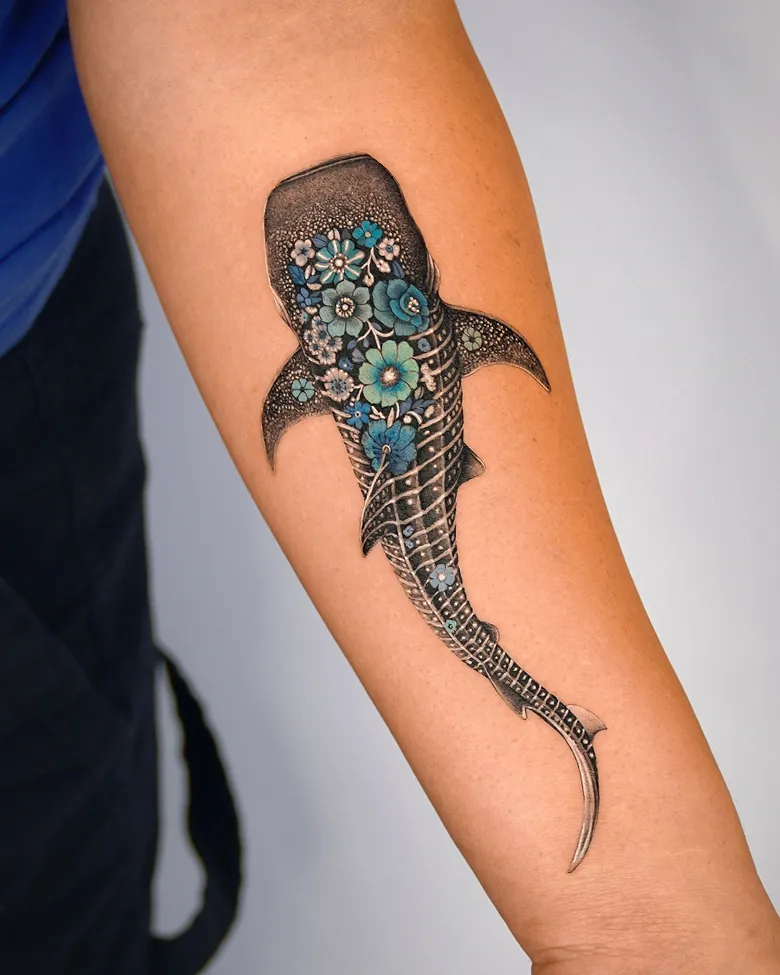 Porcelain Floral Whale Shark Tattoo