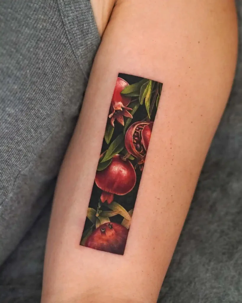 Realistic Framed Pomegranate Branch on Inner Upper Arm