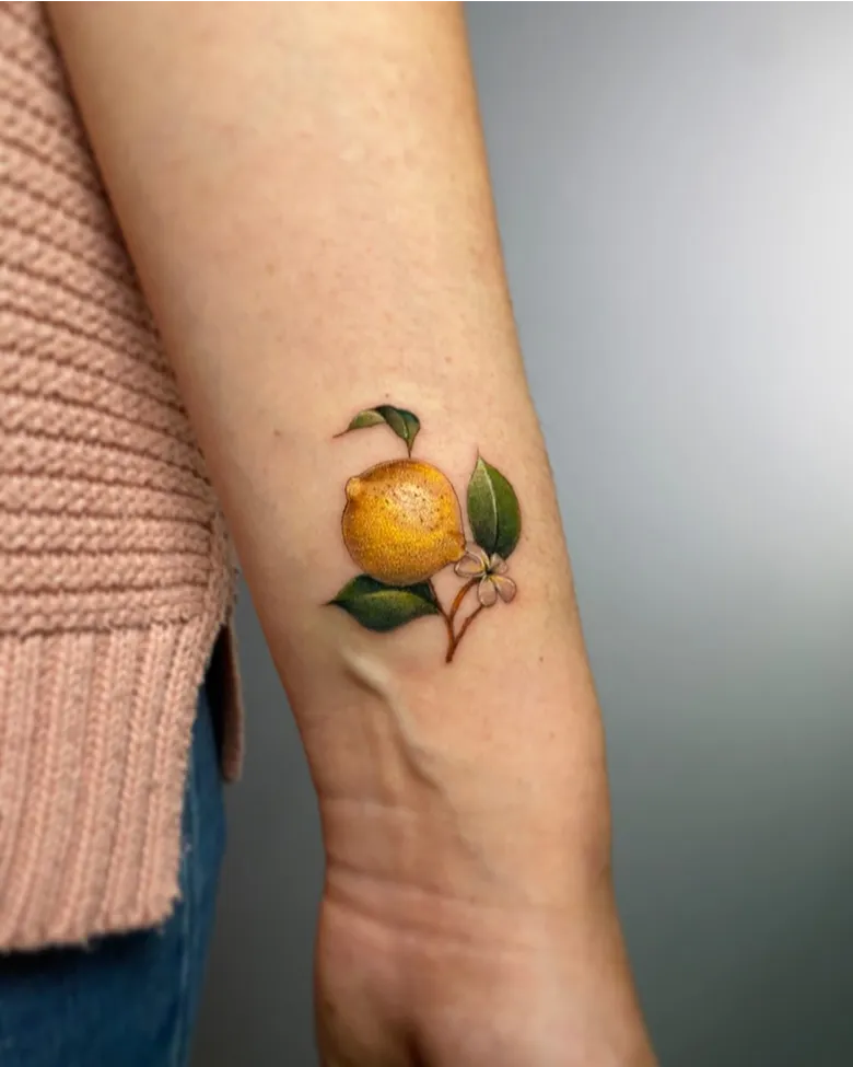 Realistic Lemon Branch Tattoo