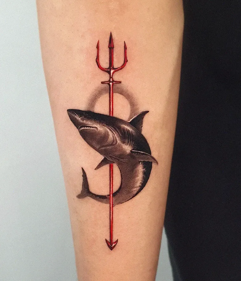 Realistic Shark and Red Trident Tattoo