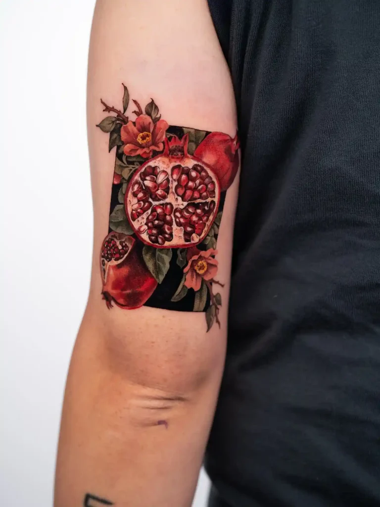 Realistic Sliced Pomegranate and Floral Design on Upper Arm