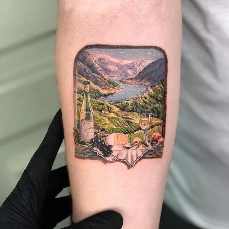 Realistic Vineyard View Frame Tattoo