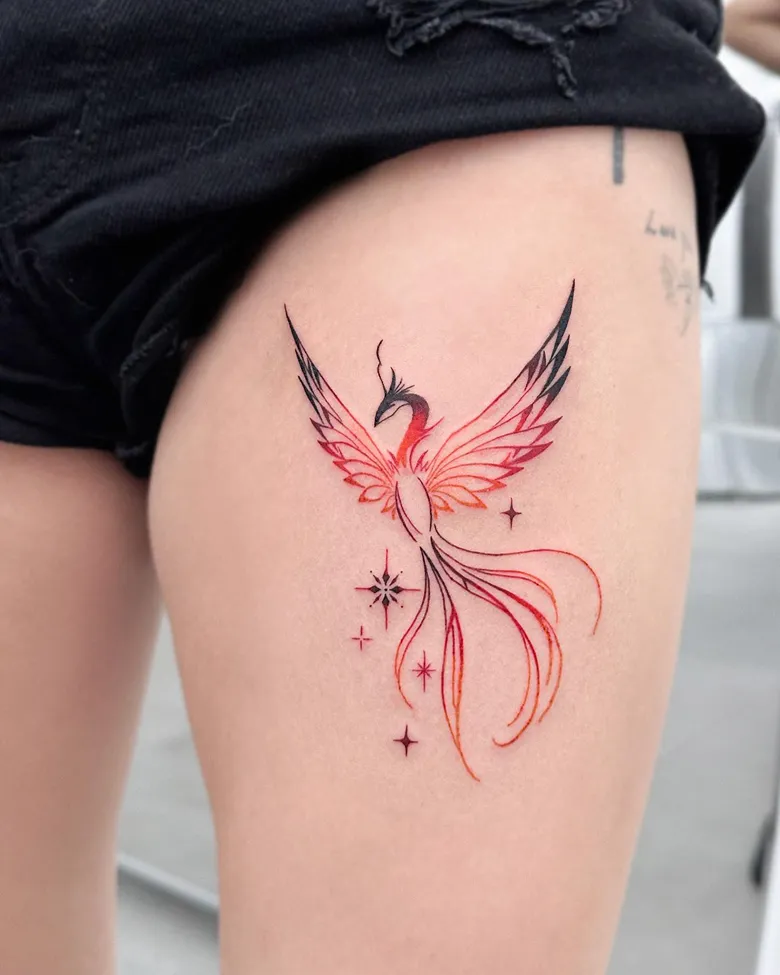 Red Ink Minimal Phoenix Thigh Tattoo