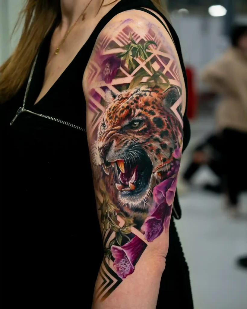 Roaring Jaguar with Purple Flowers on Upper Arm