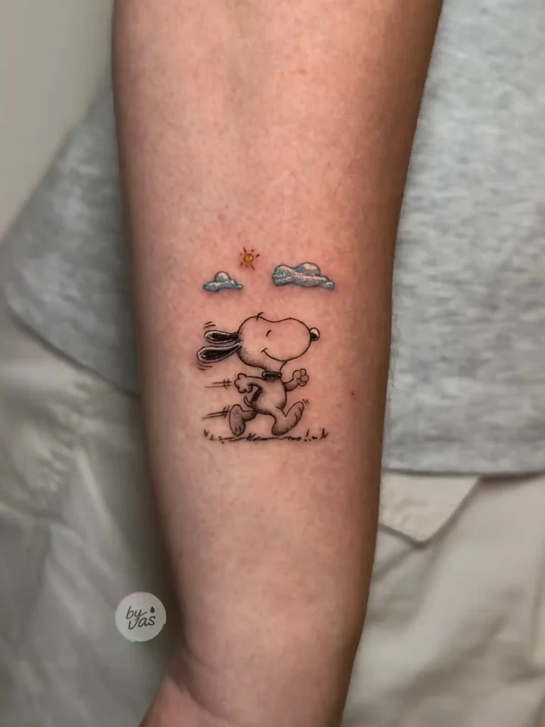 Running Snoopy with Sun and Clouds on Forearm