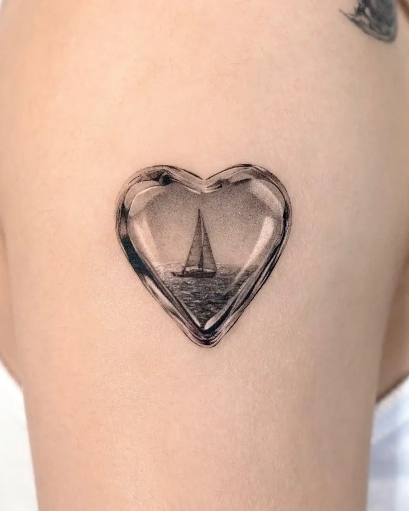 Sailboat Scene in Heart Frame on Upper Arm