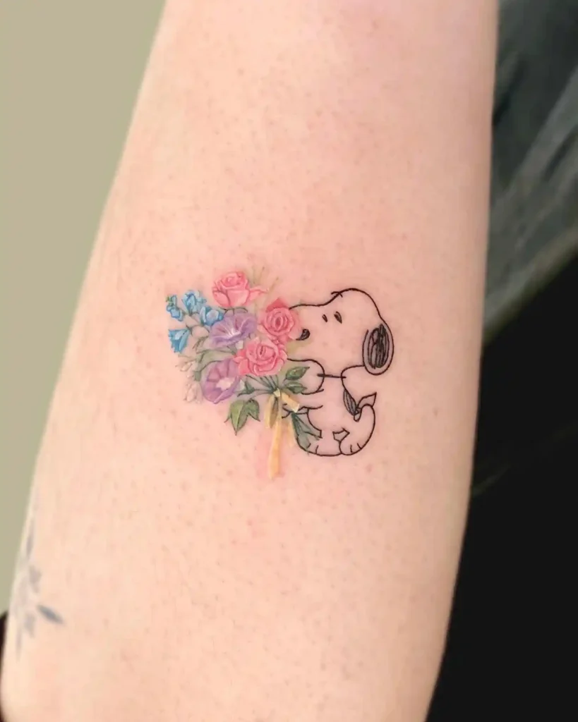 Snoopy Holding Flower Bouquet on Inner Arm