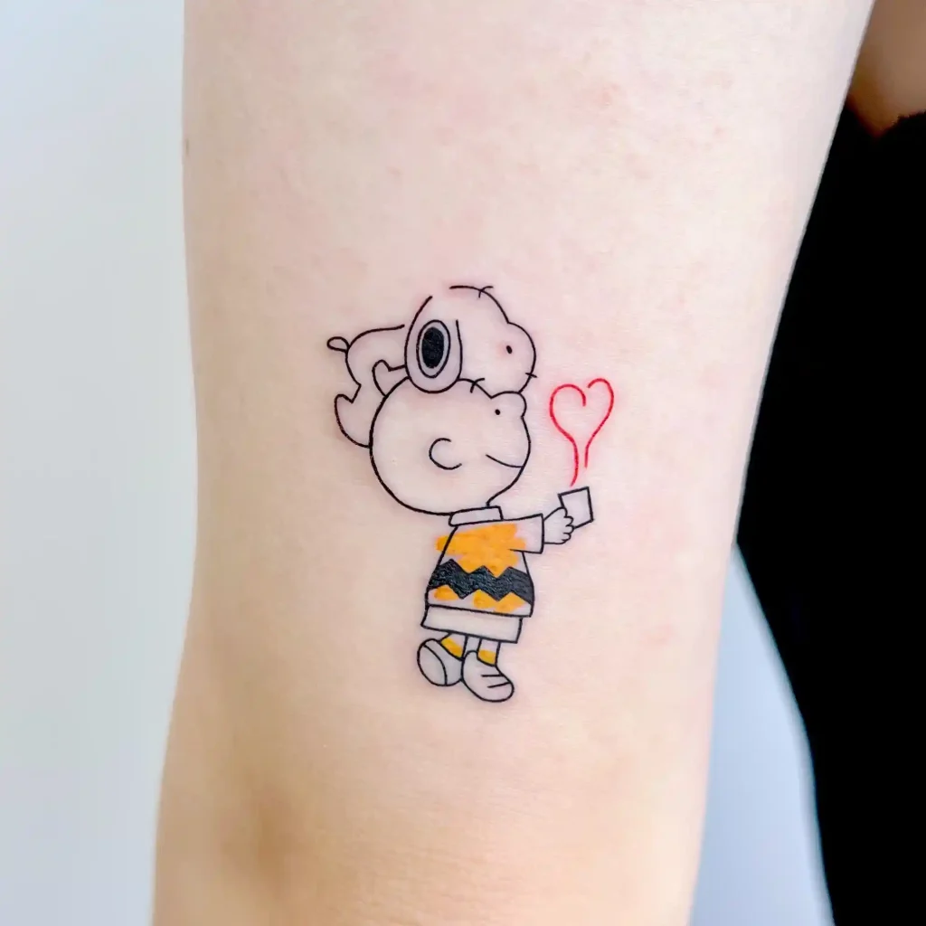 Snoopy and Charlie Brown with Heart Mug on Inner Arm