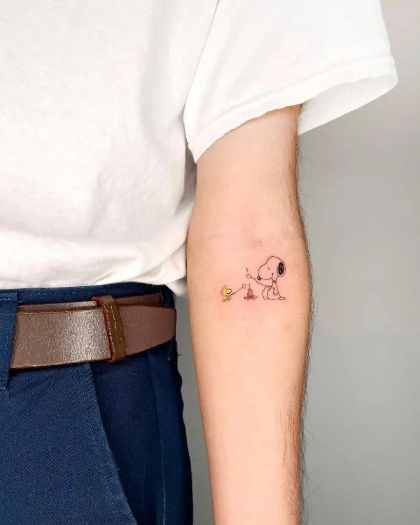 Snoopy and Woodstock Campfire Design on Inner Forearm