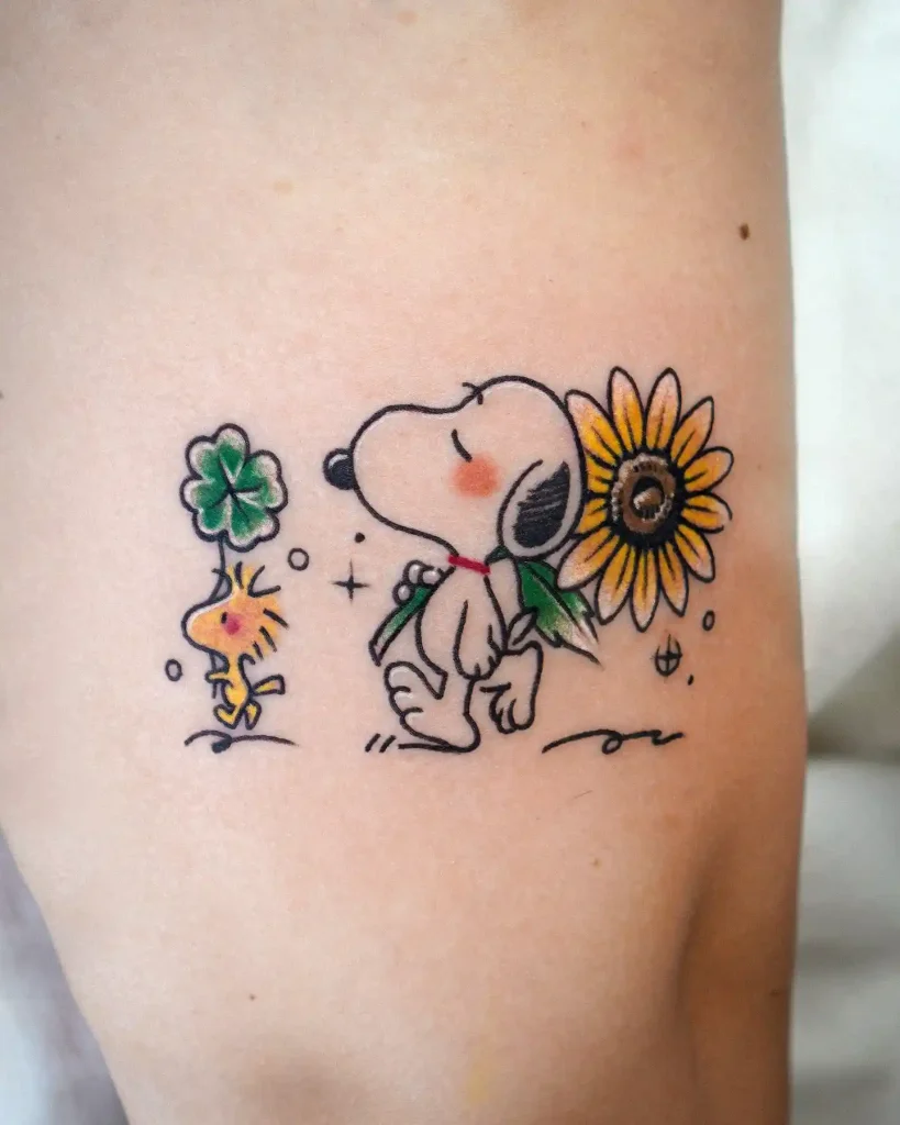Snoopy and Woodstock Carrying Flowers on Forearm
