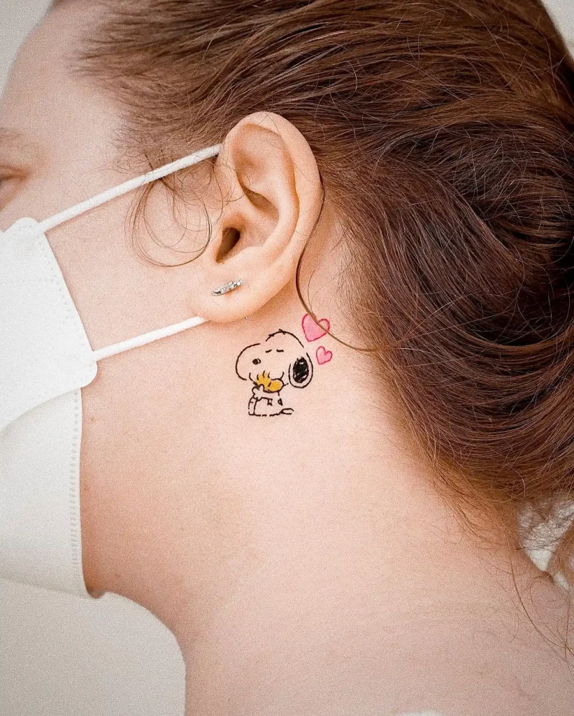 Snoopy and Woodstock Hugging Tattoo on Neck