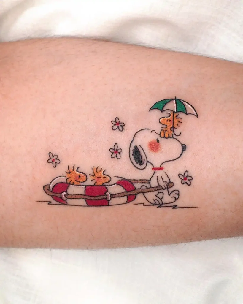 Snoopy and Woodstock Summer Fun on Inner Forearm