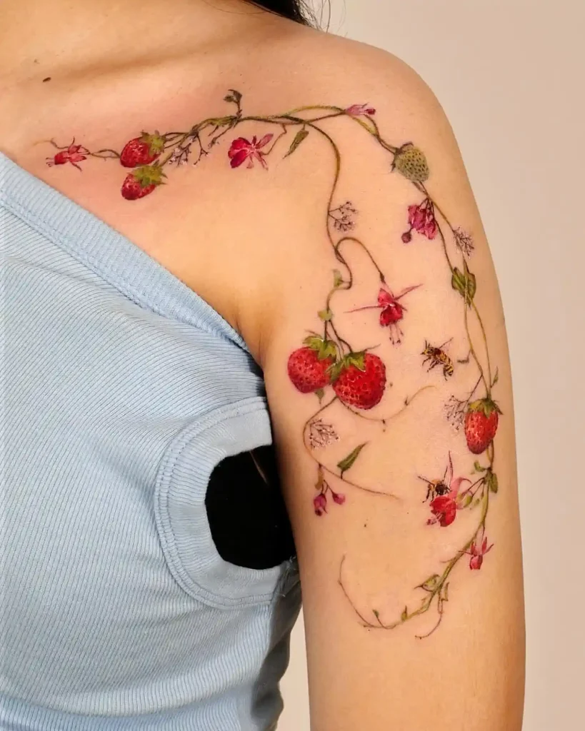 Strawberry Vine and Bees on Shoulder and Upper Arm