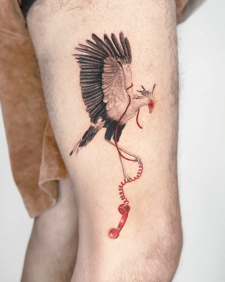 Surreal Bird With Telephone Thigh Tattoo