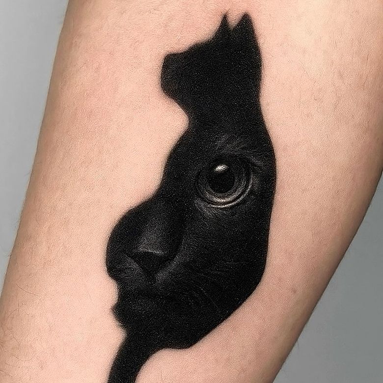 Surreal Face Illusion Black Cat Tattoo