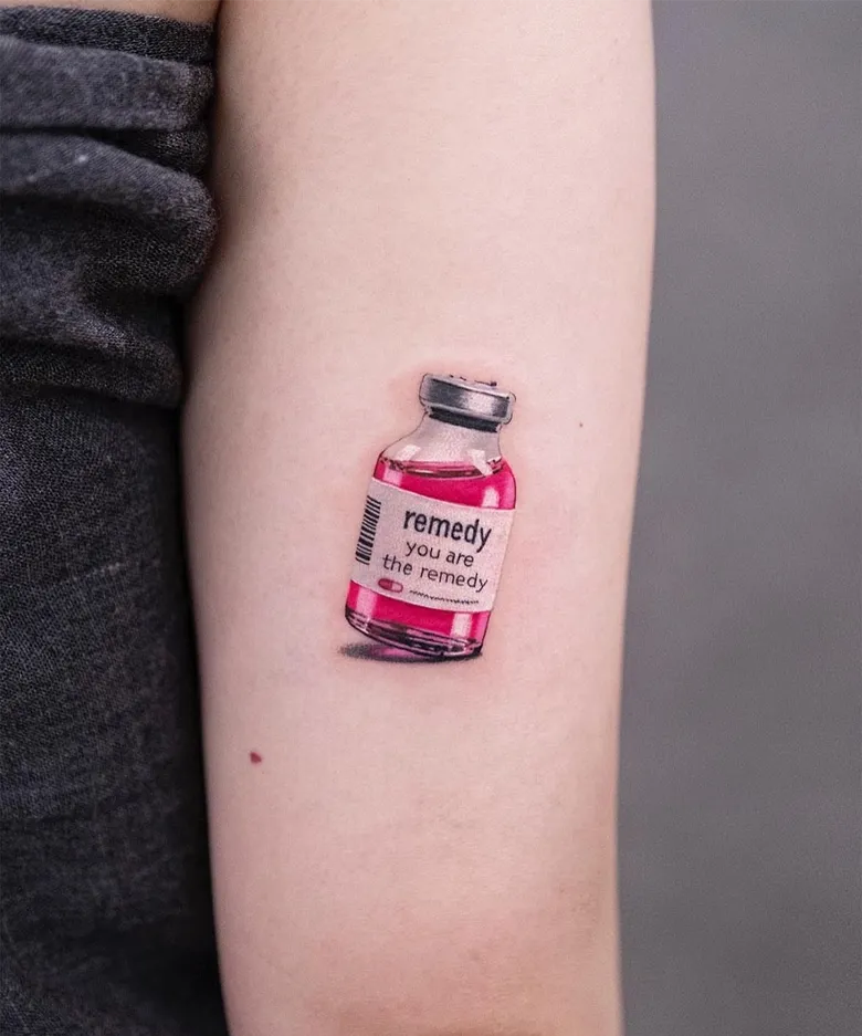 Sweet Realistic Remedy Bottle Tattoo