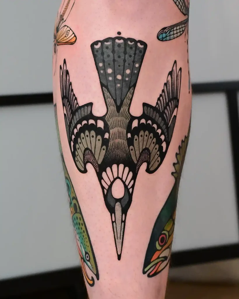 Symmetrical Bird Design on Front Shin