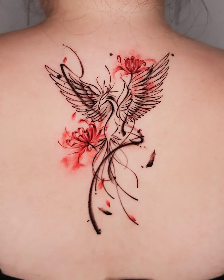 Tender Watercolor Phoenix Tattoo With Blossoms