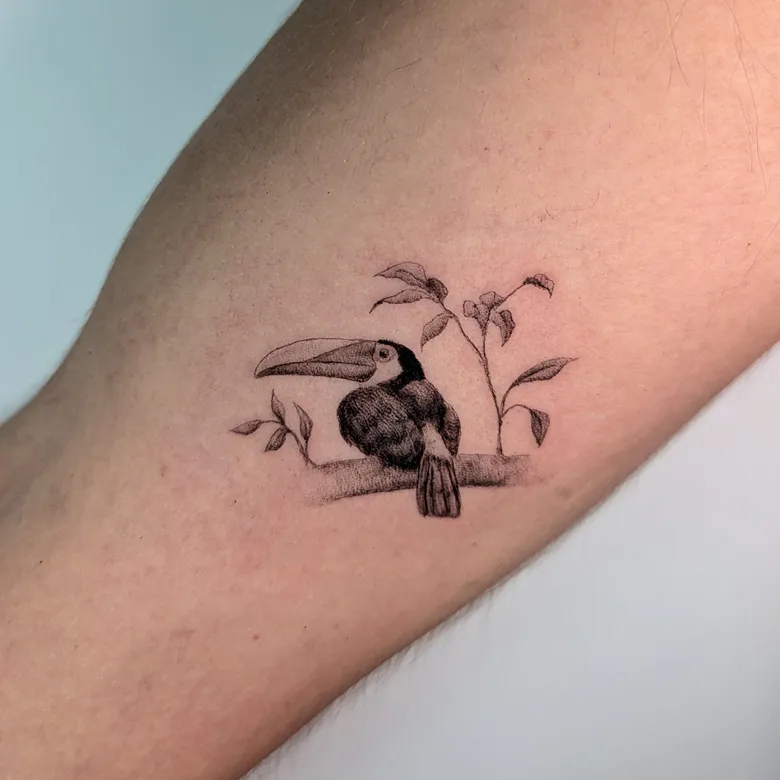 Tiny Fine Line Toucan Tattoo
