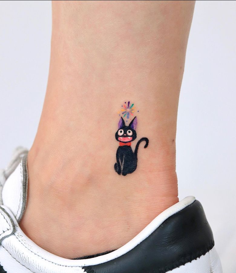 Tiny Jiji Inspired Black Cat Ankle Tattoo