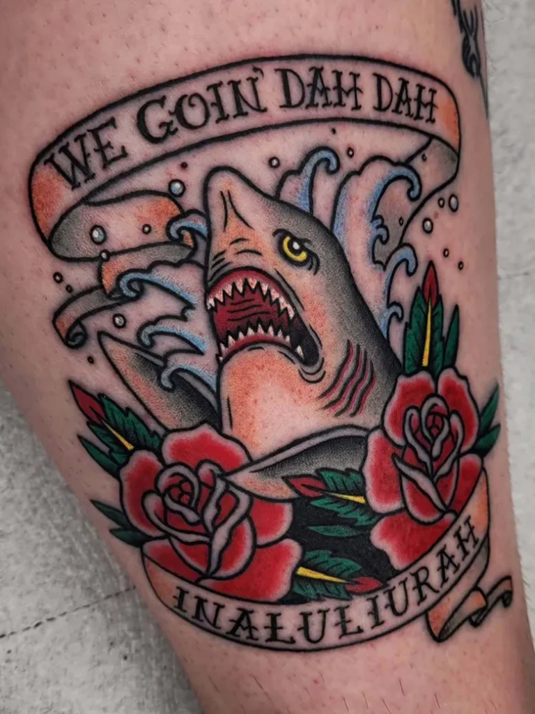 Traditional Shark Banner and Rose Tattoo
