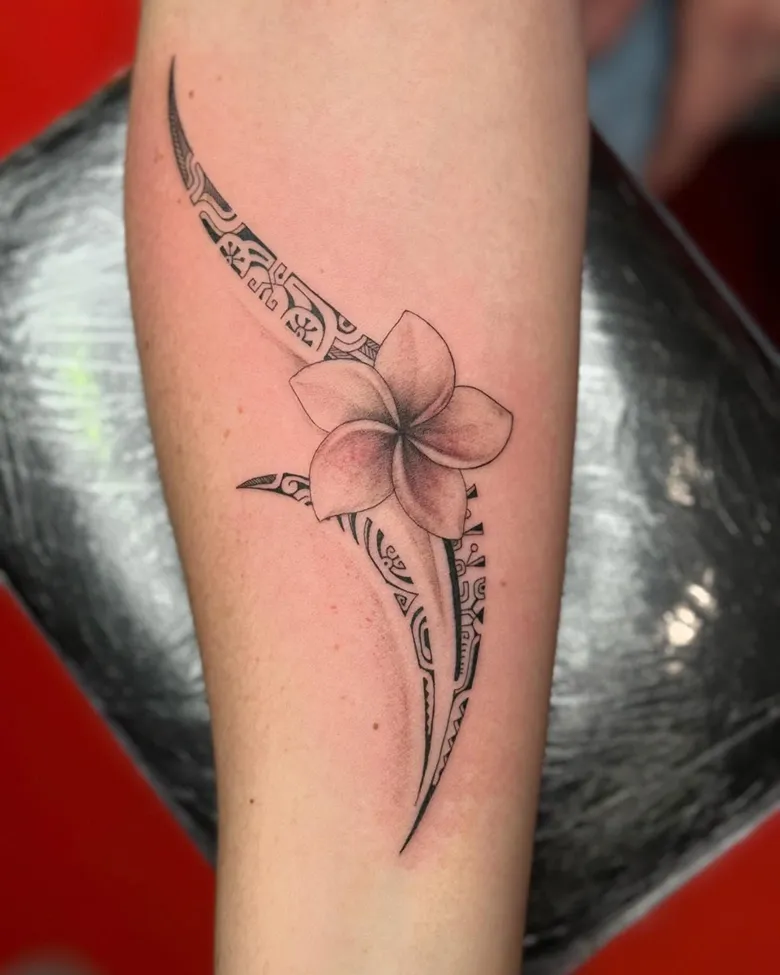 Tribal Cross Plumeria Forearm Tattoo