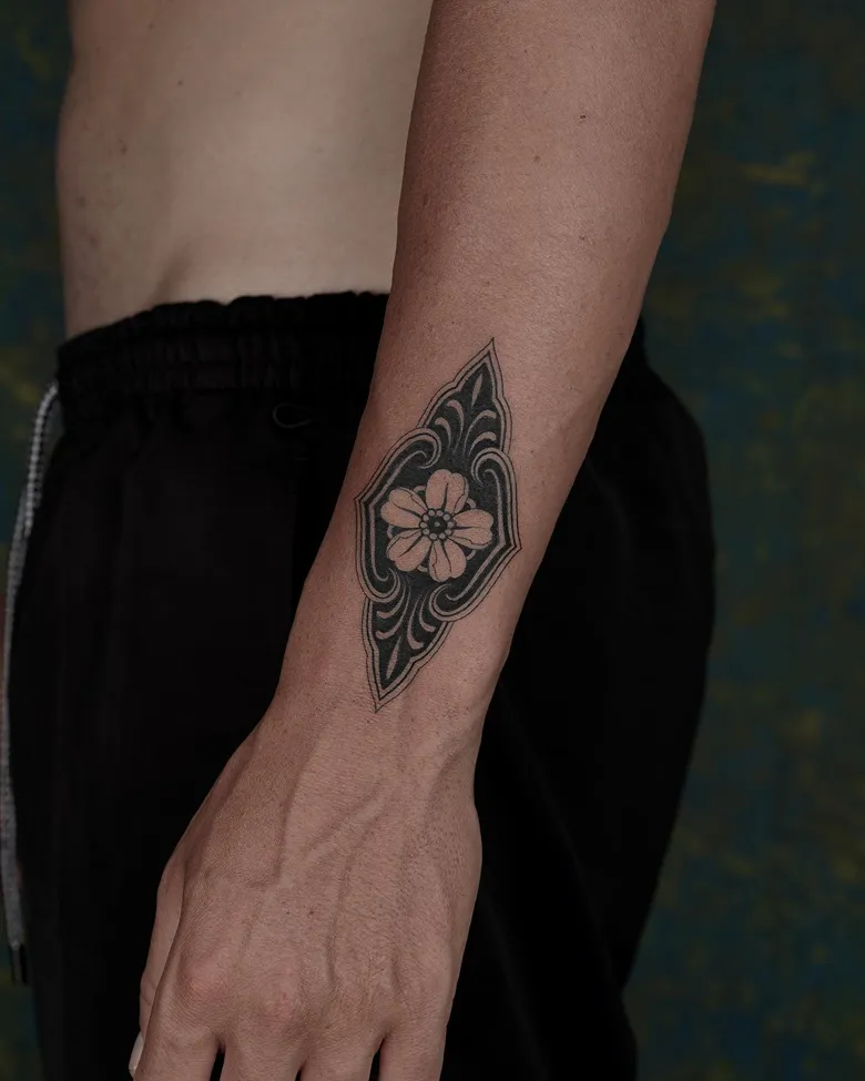 Tribal Frame Floral Forearm Tattoo