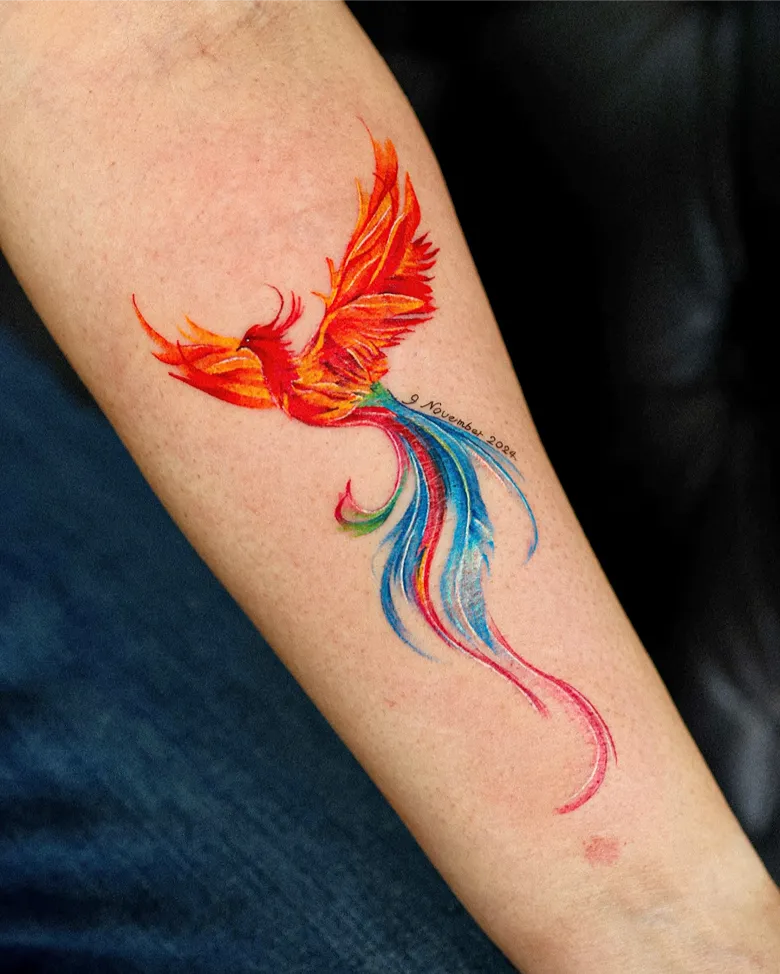 Vibrant Rainbow Phoenix Tattoo With Date Memory