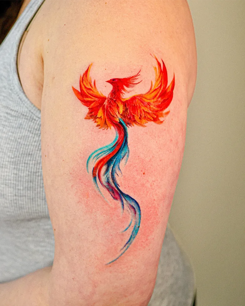 Vibrant Red Phoenix Shoulder Tattoo