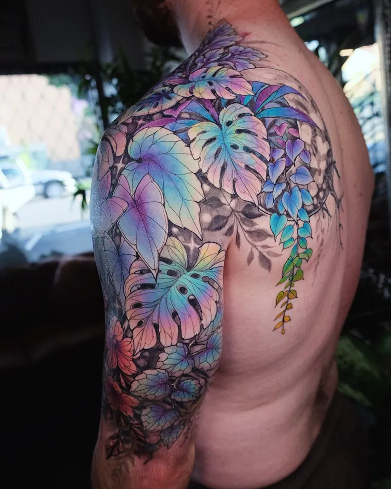 Vibrant Watercolor Monstera Sleeve Tattoo