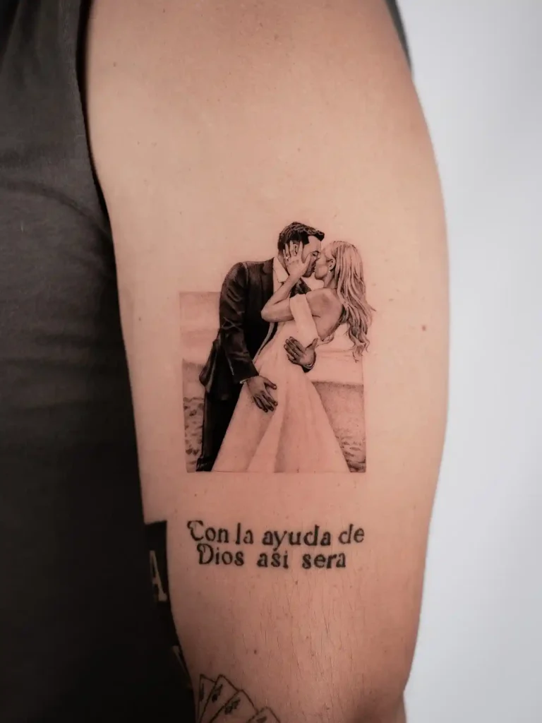 Wedding Portrait with Spanish Script on Upper Arm