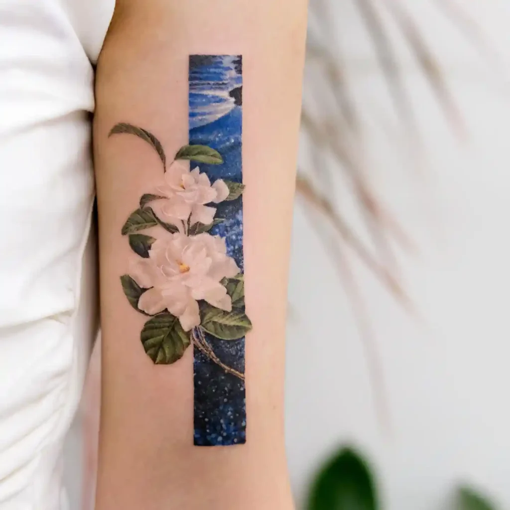 White Gardenias with Night Sky Rectangle on Inner Upper Arm