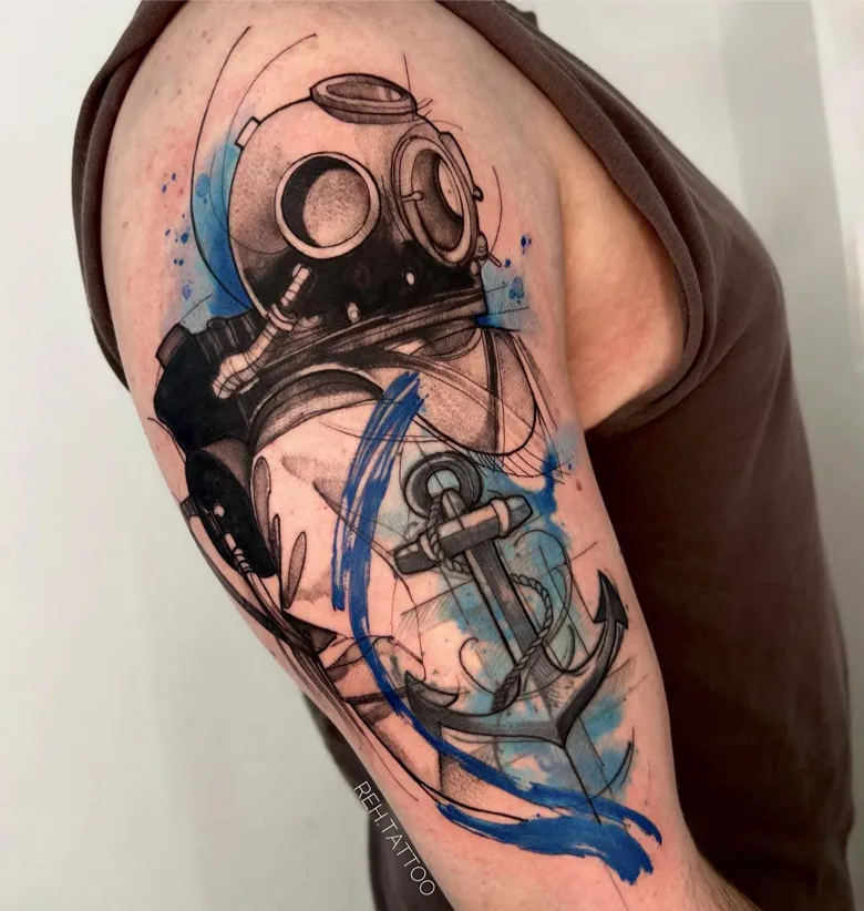Abstract Diver Helmet with Anchor and Brush Strokes