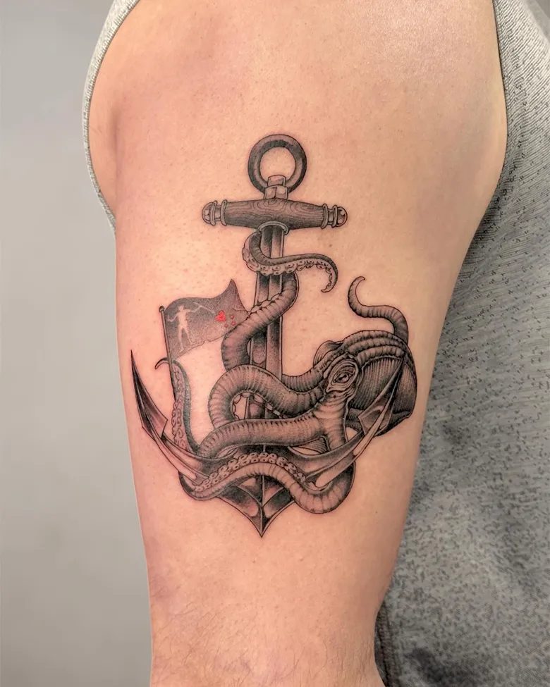 Anchor with Coiled Octopus and Hidden Pirate Flag