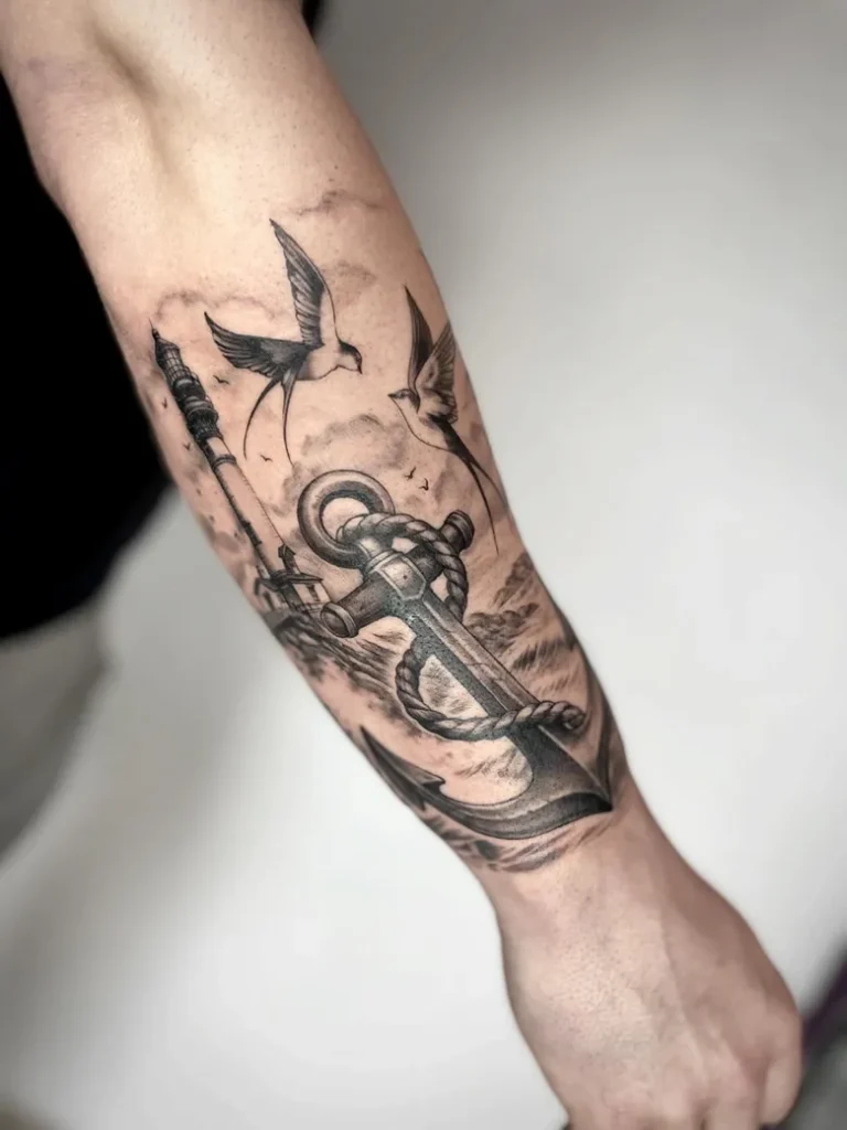 Anchor with Rope, Swallows & Lighthouse