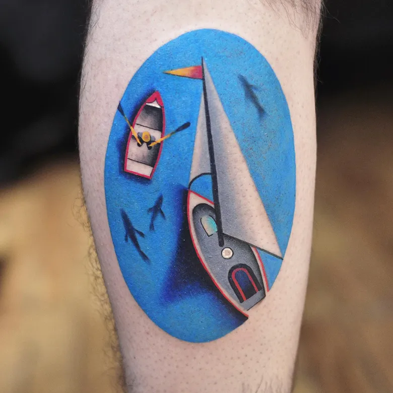 Artistic Sail Boat Scene with Sharks
