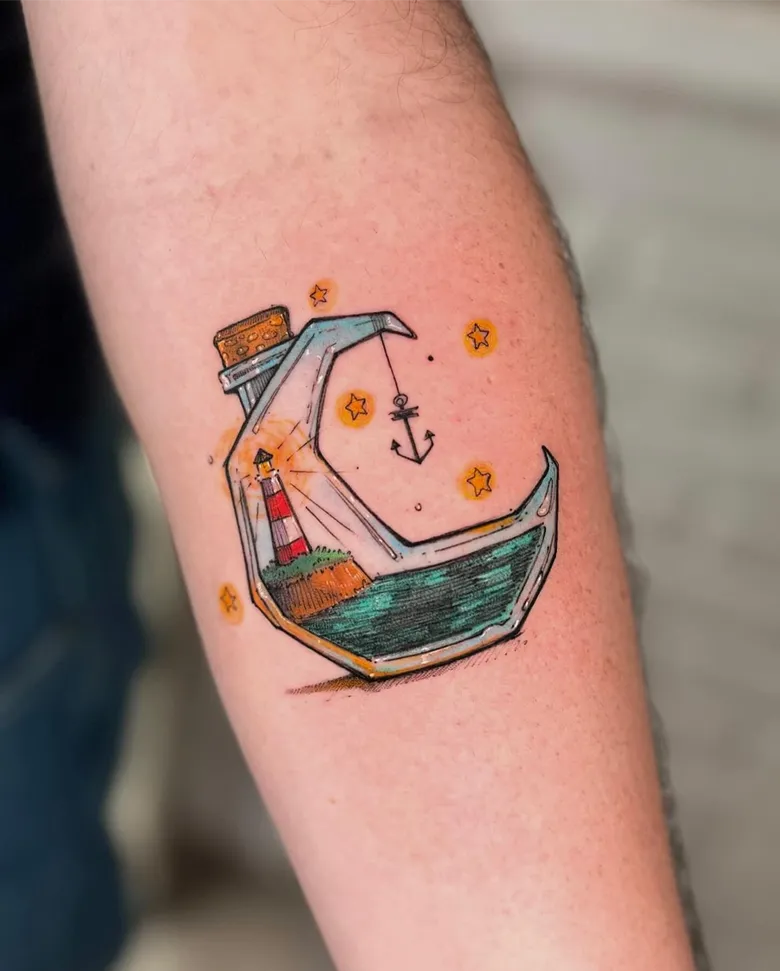 Bottle Ship with Lighthouse and Hanging Anchor Charm