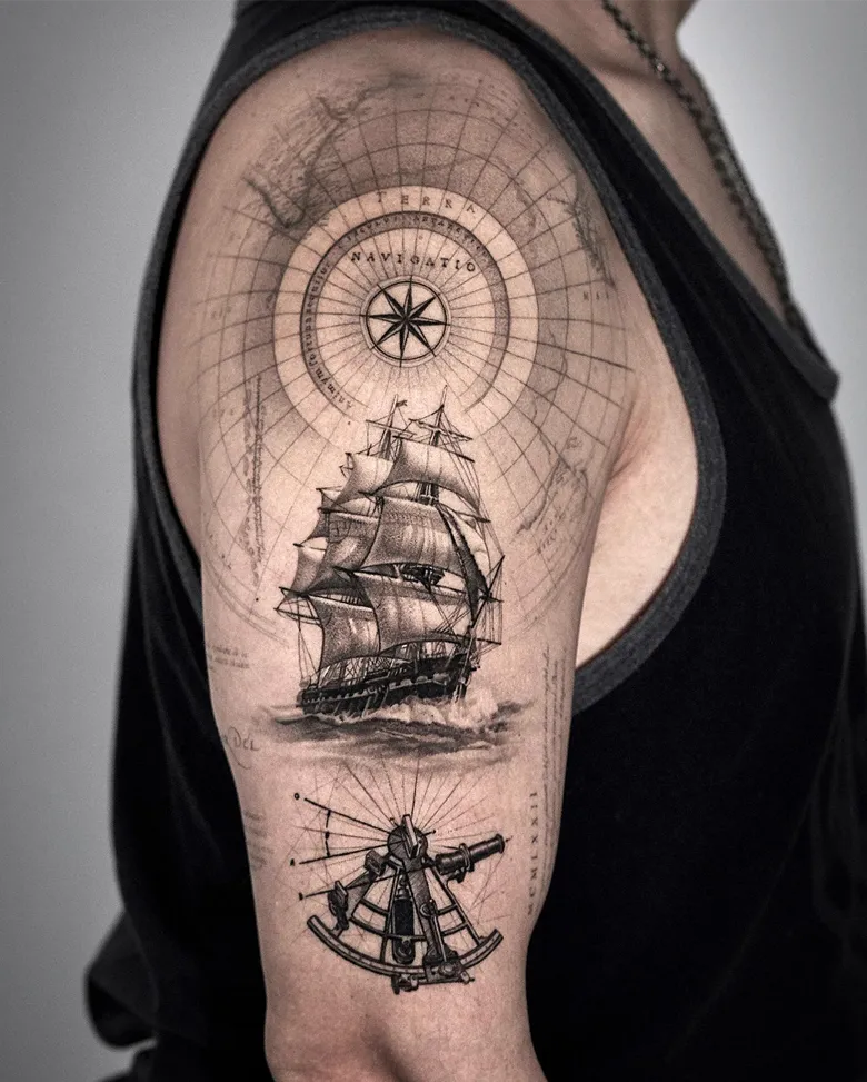Compass Map Sleeve with Sailing Ship and Sextant